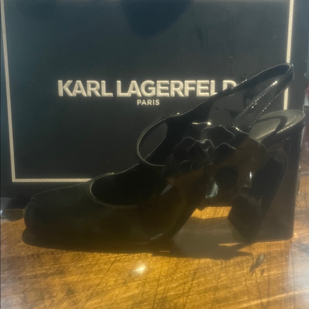 Karl Lagerfeld Glossy Black Heels with Floral Accent